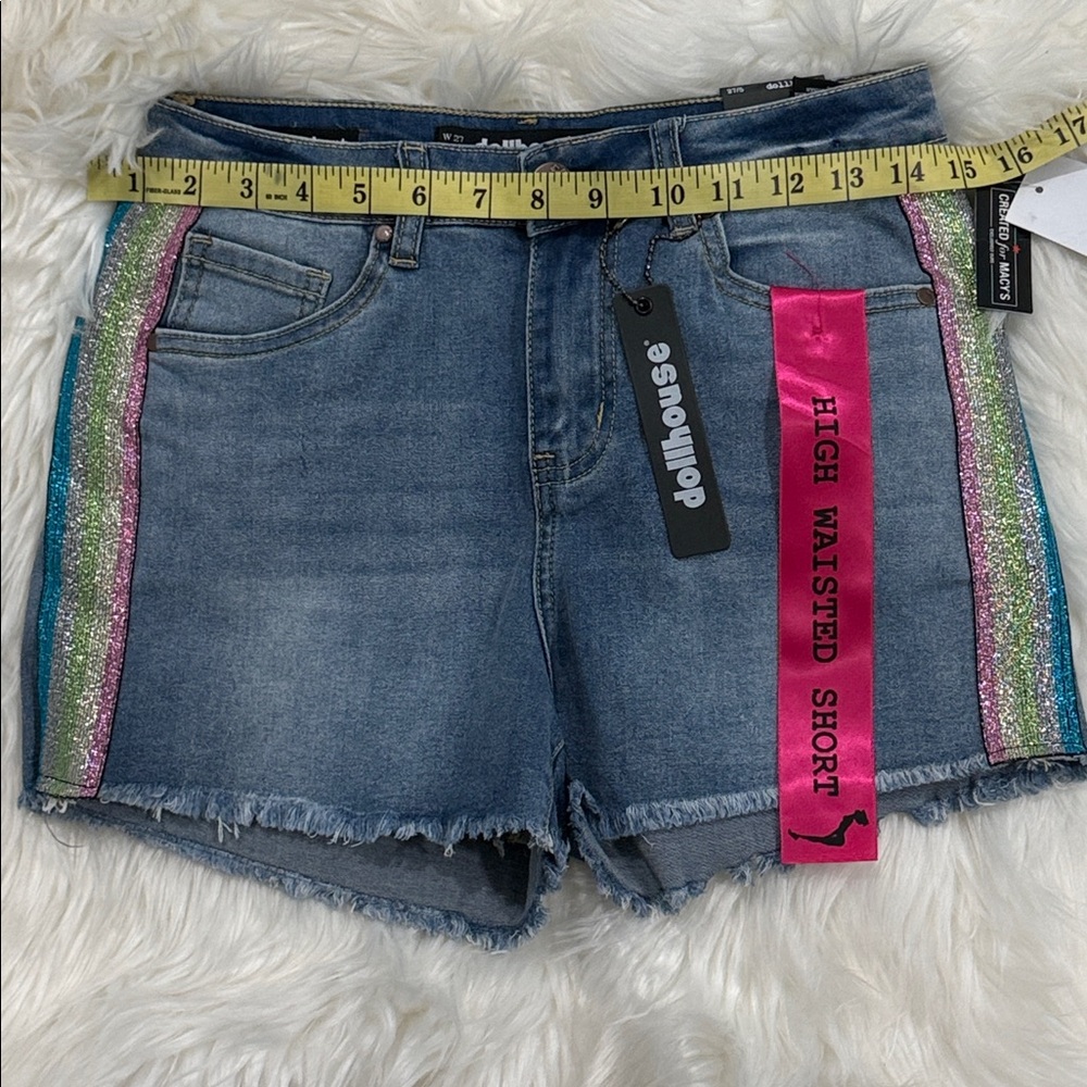Macy's Dollhouse High Waist Denim Shorts with Rainbow Glitter Stripes